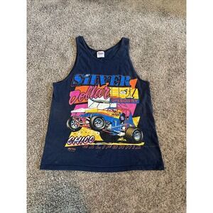 Mens Racing Vintage Gold Cup Silver Dollar Speedway Tank Top Navy Blue Medium M